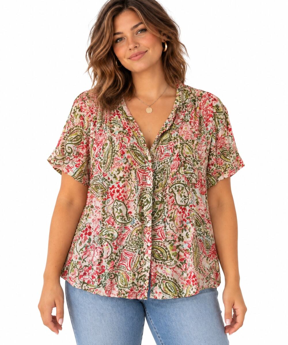 Avenue Swirly Floral Button Top Womens Size 14/16 XL Semi Sheer White Pink Olive